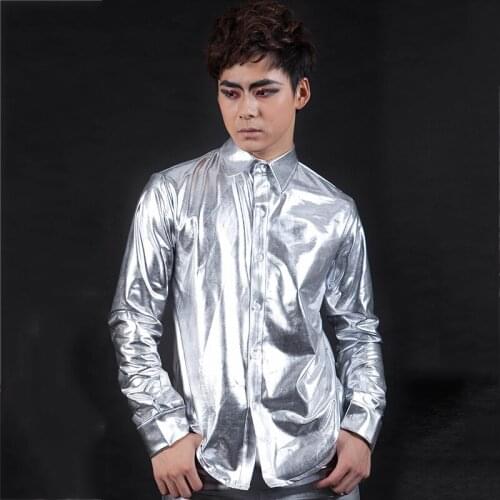 Jazz Dance Costumes Nightclub Birthday Party Dancing Wear Men Silver Long Sleeve Shirt Male Dancer Singer Stage Clothing DT822