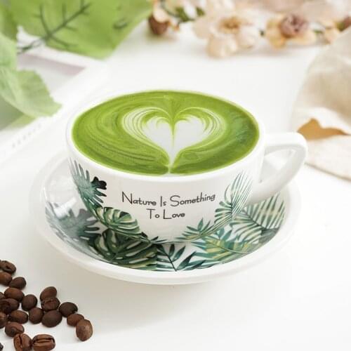 320 ml Monstera pattern coffee cup and saucer for WLAC tropical leaf championship porcelain latte art cups for cafe