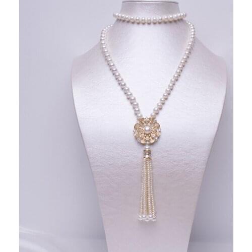 Beautiful Flower Pearl Pendant Necklace 8-9mm Nearround Pearl Necklace With Tassel Pendant Jewelry Gifts 80cm Long Necklace