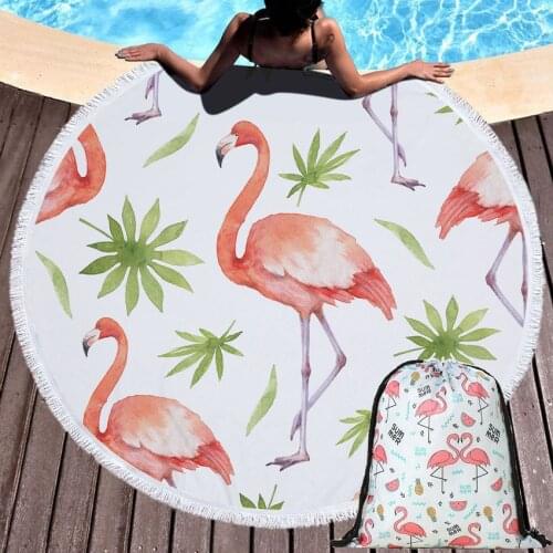 Flamingo Flowers Round Beach Towels Soft Summer Bath Shower Towel Yoga Mat Bikini Cover Up Blanket With Drawstring Backpack Bag