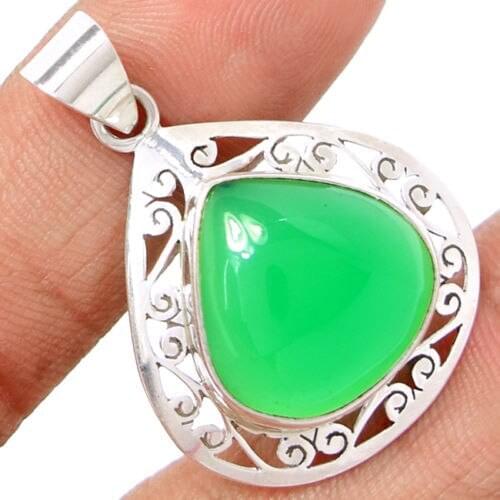 Hand made Genuine Green Onyx Pendant, 100% 925 Sterling Silver, 41mm, 7.5g, KP0066