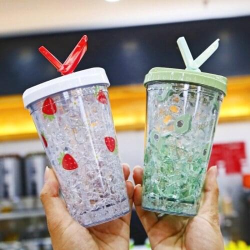 Summer Fashion Fruit Kiwi Watermelon Strawberry Cold Drink Cup Portable Flip Double Layer Plastic Anti-scalding Drinking Bottle