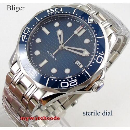 41mm Bliger Blue Sterile Dial Sapphire Glass Ceramic Bezel Stainless Steel Automatic Mens Watch B303