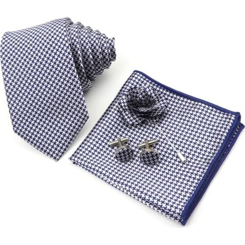 Mens Tie Handkerchief Cufflinks Corsage Set 7cm Polyester Striped Narrow Ties 4 pcs Suits