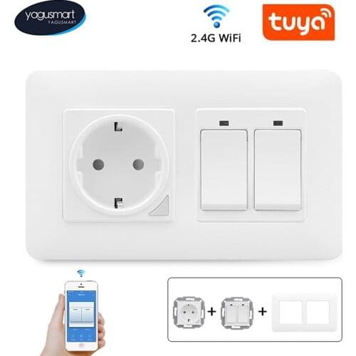Yagusmart Tuya WiFi Smart EU Socket Wall Light Switch Alexa Google Home APP Voice Control DIY Socket with Push Button Switches