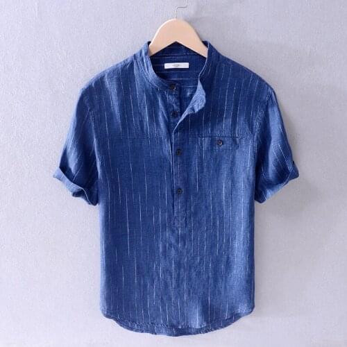 New style short sleeve summer shirts men brand casual blue shirt mens striped stand collar fashion shirt for men camisa chemise