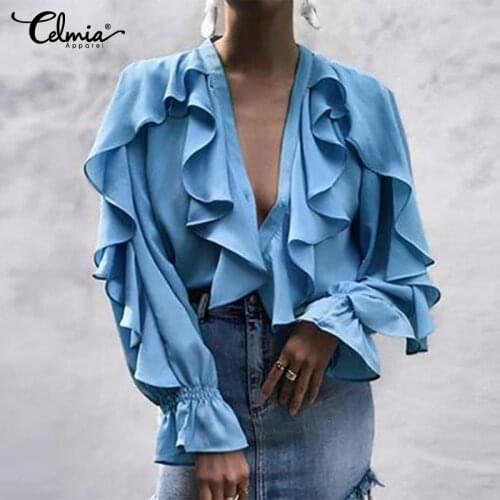 2021 Summer Women Ruffles Blouse Celmia Long Sleeve Sexy V Neck Female Casual Shirt Buttons Solid Tops Blusa Plus Size Shirts 7