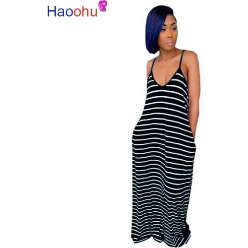 Black White Striped Spliced Long Dress Women Deep V Neck Sleeveless Loose Dress Summer Backless Pockets Beach Oversized Dresses
