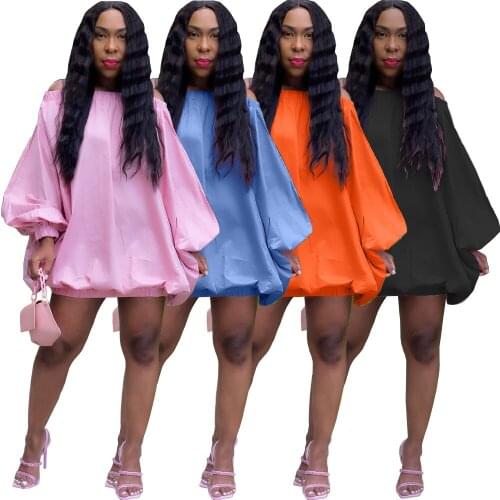 Sexy Off The Shoulder Loose Dress Autumn Women Solid Long Puff Sleeve Backless Mini Dresses Party Night Club Streetwear Clothes