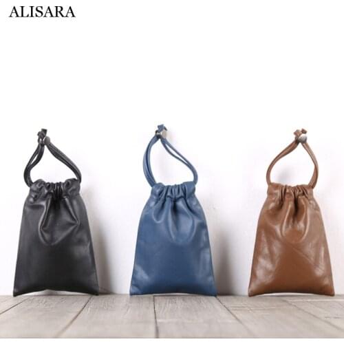 Alisara Coin Purses Genuine Leather Top End Handmde Drawstring Organizer Bag Casual Credit Card Wallet Car Key Bag Storage Pouch