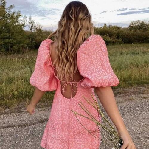 Pink Dress for Women Puff Sleeve Summer Hollow Out Square Collar Pullover Adjustable Back Tie Sexy 2021 New Ladies Party Dress