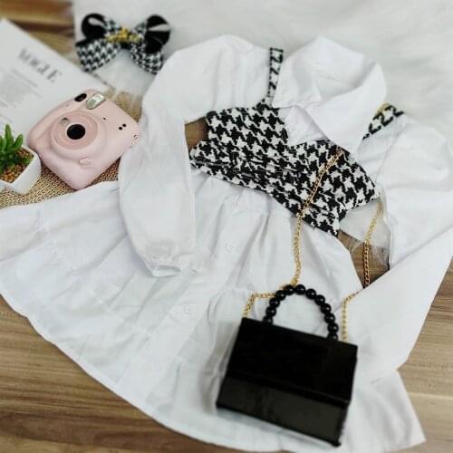 2021 0-5Y Fashion Kids Baby Girl Clothing White Solid Button Fly Shirt Long Dress+Plaid Print Bandage Vest Spring Fall 2pcs