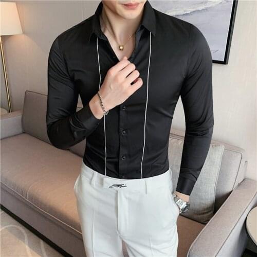 Plus Size 4XL-M Simple Stripes Embroidery Shirt Men Casual Tuxedo Streetwear All Match Slim Fit Long Sleeve Office Chemise Homme