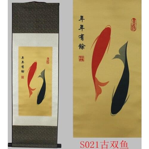 Seda desplazamiento pintura antiguo doble pez pintura china Feng Shui pintura hotel Casa decoración