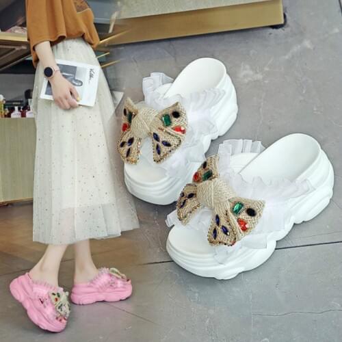 High heel Slippers Women Summer New Fashion Outer Wear Butterfly-knot Lace Slides Wedges Solid 9cm High Heels Breathable Seaside