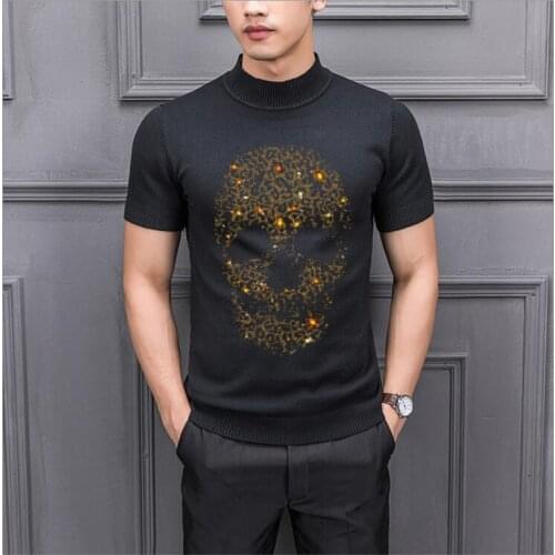 Skulls Sweater Men Casual O-Neck Pullover Diamond stone Slim Fit short Sleeve Mens Sweaters Knitted Cotton Pull Homme Top