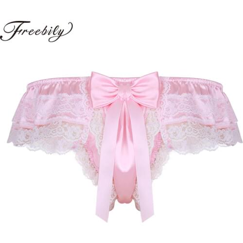 Mens Underwear Sissy Jockstraps Shiny Satin Lingerie Layers Floral Lace Back with Big Bowknot Bikini Thongs String Homme Panties