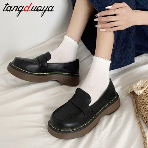 Platform Leather Shoes Women Chunky Thick Sole Round Toe Black beige Pu Shallow Pure British Style Retro Slip-on Leisure Loafers