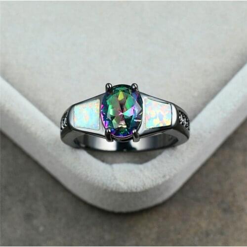 Vintage Black Gold Wedding Ring Dainty Female Rainbow Crystal Oval Stone Rings For Women Promise White Fire Opal Engagement Ring