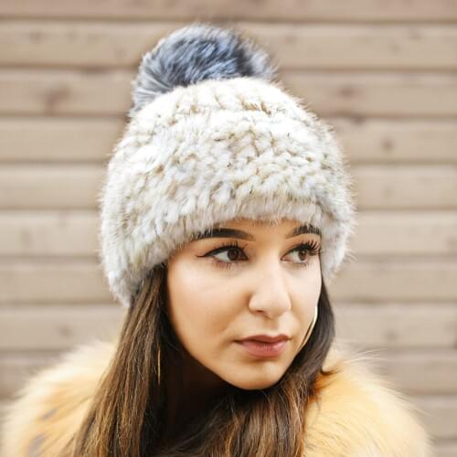 CX-C-239A Natural Color Mink Fur Knitted Beanie Hats with Fox Pom