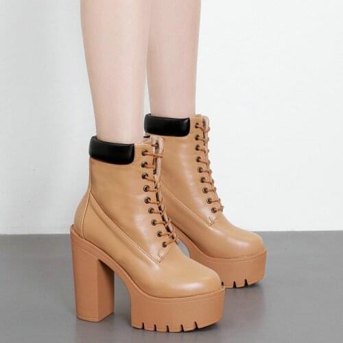 2020 Women Lace-up Style Ankle Boots High Heels Shoes Quality Leather Waterproof Platform Short Snow Boots Sapatos Mulher