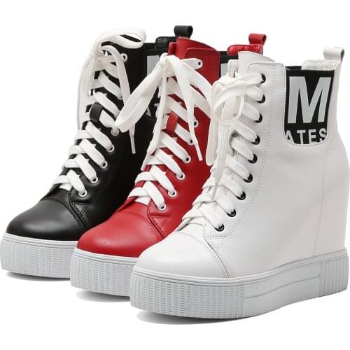 Winter Fashion Sneakers Women Genuine Leather Wedges High Heel Ankle Boots Female High Top Warm Platform Creepers Casual Shoes