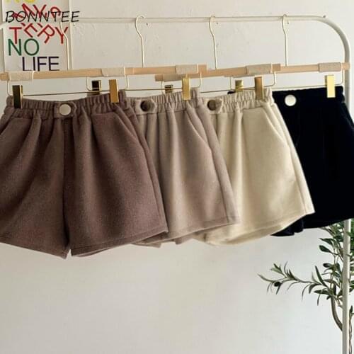 Womens Shorts Button Winter Warm Soft High Waist Wide Leg Casual Students Korean Style Ins All-match Chic Elasticity Trousers
