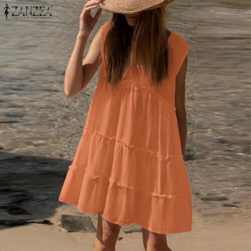 Womens Ruffle Sundress 2021 ZANZEA Stylish Summer Solid Dress Casual Sleeveless Mini Vestidos Female V Neck Robe Plus Size 7