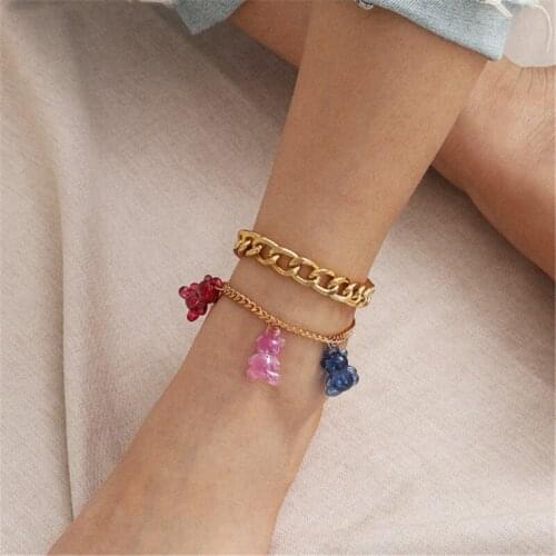 20Set/lot Individual Character Thick Chain Foot Ornaments Anklet Female Gold Color Acrylic Bear Pendant Ankle Chain