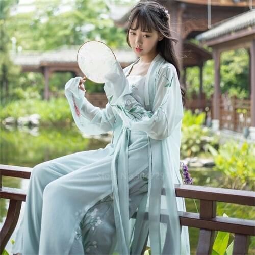 3Pcs Hanfu Women Chinese Traditional Dance Costume Kimono Cardigan Floral Embroidered Chiffon Dress Pants Top Princess Cosplay