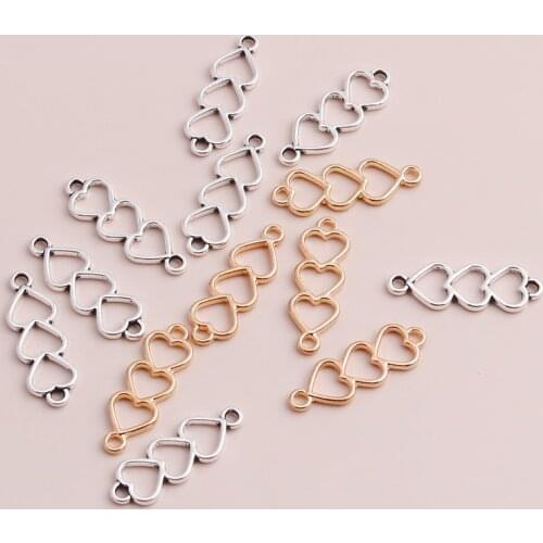 50pcs Tiny Three Hearts Connectors Charms Beads for DIY Necklaces Bracelets 2 Color Vintage Pendants Jewelry 24x8mm Finding