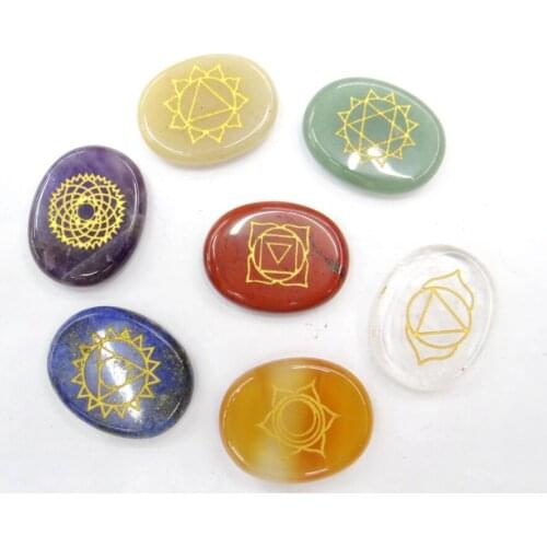 7 PCS Natural Stones with lapis lazuli 25MM Engraved Symbols Polished Palm Stone Reiki Crystal Healing Natural Stone Divination