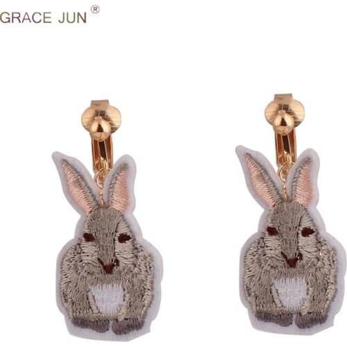 GRACE JUN Clip on Earrings for Women Fashion Without Pierced Embroidery Cloth Rabbit No Hole Earrings Factory Wholesale Price