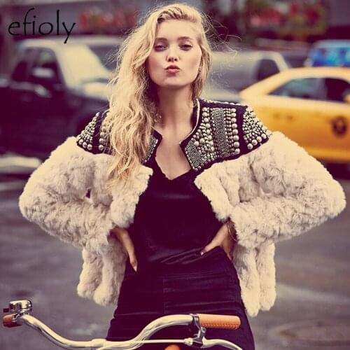 EFIOLY CA19A0002 2019 Winter Warm Female Faux Fur Coat Handmade Beads Rivet Long Sleeve Boho Fur Coat Female Outerwear