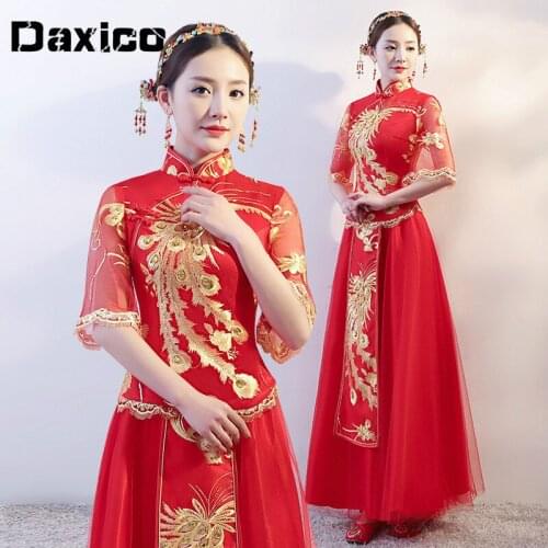 Chinese Traditional Bridesmaid Dresses Red Half Sleeve Lady Elegance Cheongsam Wedding Party Dresses Oriental Vitage Chi Pao