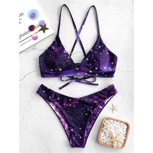 Starry Sky Print Reversible Bikini Sets Women Sexy Thong Two Pieces Swimsuits 2019 Girl Halter Beach Bathing Suits Swimwear