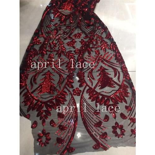 2018 new stock zpp006# 5 yards luxury black mesh red sequin embroidery tull mesh african lace for sawing bridal wedding dress