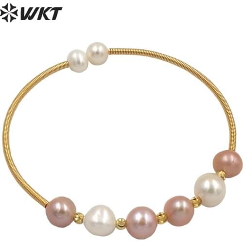 MPB032 WKT Unique hand make wire wrapped freshwater pearl beads cuff bangle in adjustable size women fashion gold pearl bangle