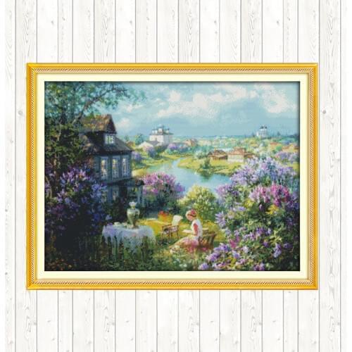 Town of Autumn Landscape Painting Cross Stitch Kits Needlework Set Embroidery Thread DMC 11CT 14CT Print on Canvas DIY Hand Art