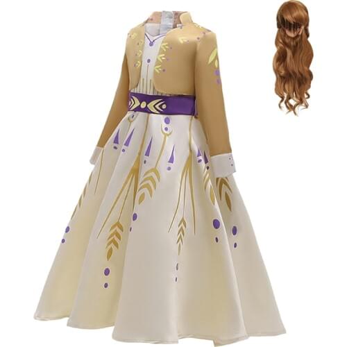 Anna New Costumes Girls Champagne Princess Dress Kids Fall Winter Prom Printing Party Outfits Long Tailed Floor Length Ball Gown