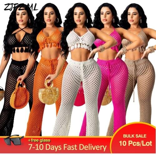 Bulk Items Wholesale Lots Womens Knitted Suit Crochet Hollow Tassel Bra Tops+bell Bottom Trouser Beach Wear See Through Sets