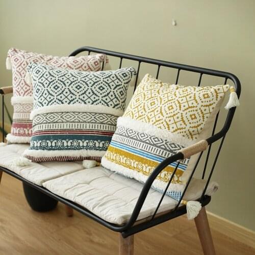 Pink Yellow Navy Handmade Geometric Embroidery Pillow Cover Tassels Home Decor Cushion Cover Sofa PillowCase Pillow Sham 45x45cm