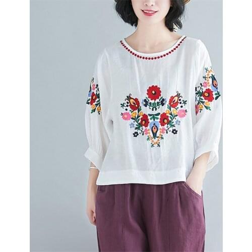 Summer Cotton Linen Shirt Women Tops Boho Retro Vintage Blouses Floral Embroidery Ladies Casual Shirts Blusa Mujer