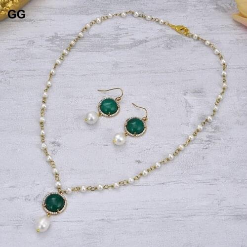 GuaiGuai Jewelry Natural 13mm Pearl Green Jade Stone CZ Necklace Earrings Sets Cute For Women Girl