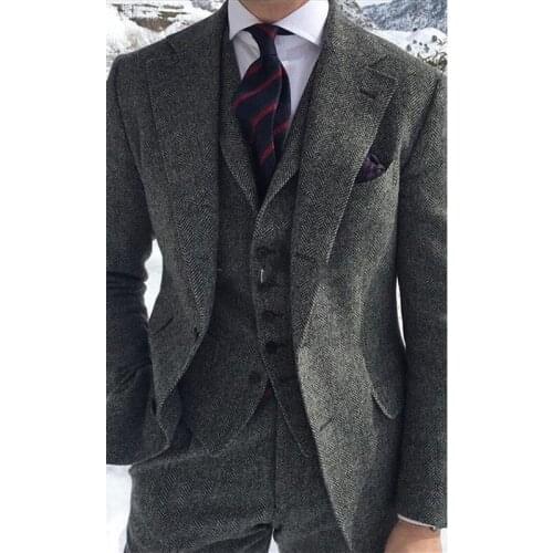 Wool Tweed Grey Mens Suit Suitable for Formal Business Groom Wedding Tuxedo Herringbone 3-piece Set Mens Jacket Vest with Pant
