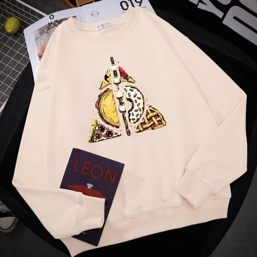 Stronger Connection Pizza Print Menswear Vintage Warm Sweatshirts Cartoons Fleece Hoodies Harajuku Fleece Clothing Autumn New