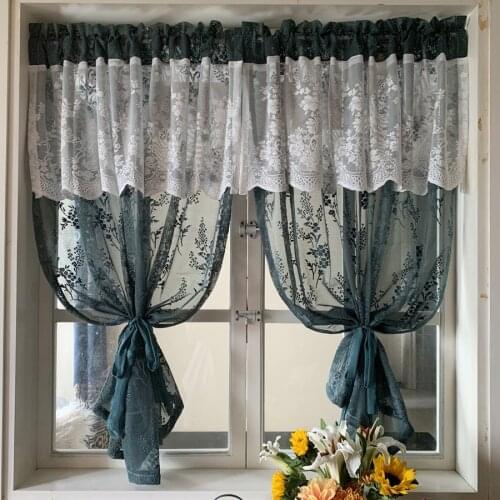 Dark Green with White Flowers Tulle Double-layer Lace Short Valance American Pastoral Window Screens Bay Windows Short Drapes #5