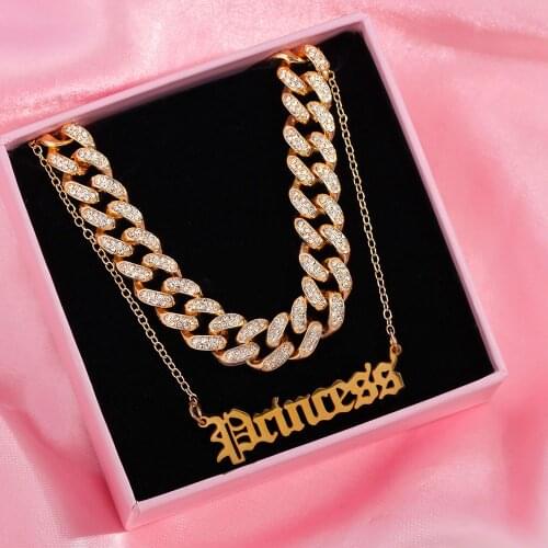 Iced out Rhinestone Paved Miami Cuban Link Chain Necklace For Women Multi-layer Letter Pendant Clavicle Chain Hiphop New Jewelry