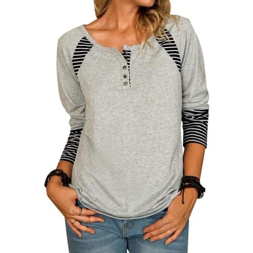 Women T-shirt Striped Print Stitching Pullover for Autumn Lady O Neck Long Sleeve Buttons Office Top Streetwear blusas elegantes