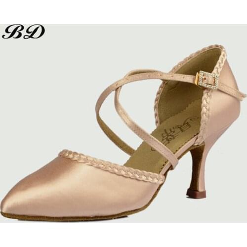Woman Shoes Sneakers Dance Shoes Ballroom Women Latin Shoe Imported Satin Woven Modern Footguard Laces Diamond Buckle BD 184
